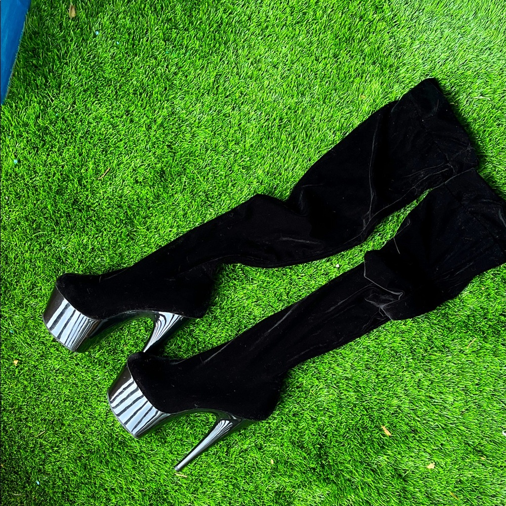 Black Velvet Over-the-Knee Platform Boots